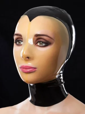 Latex mask with translucent face and holes for mouth and eyes