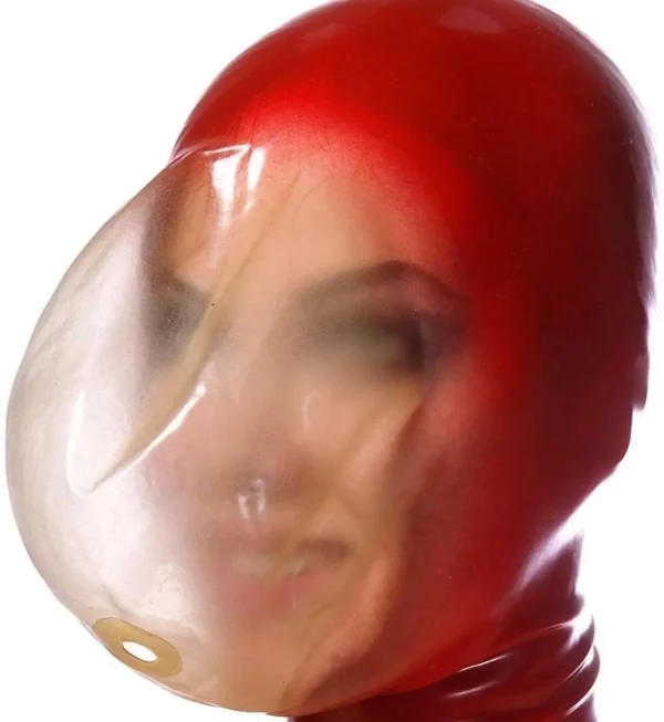 Latex mask with translucent face and small hole for breathing