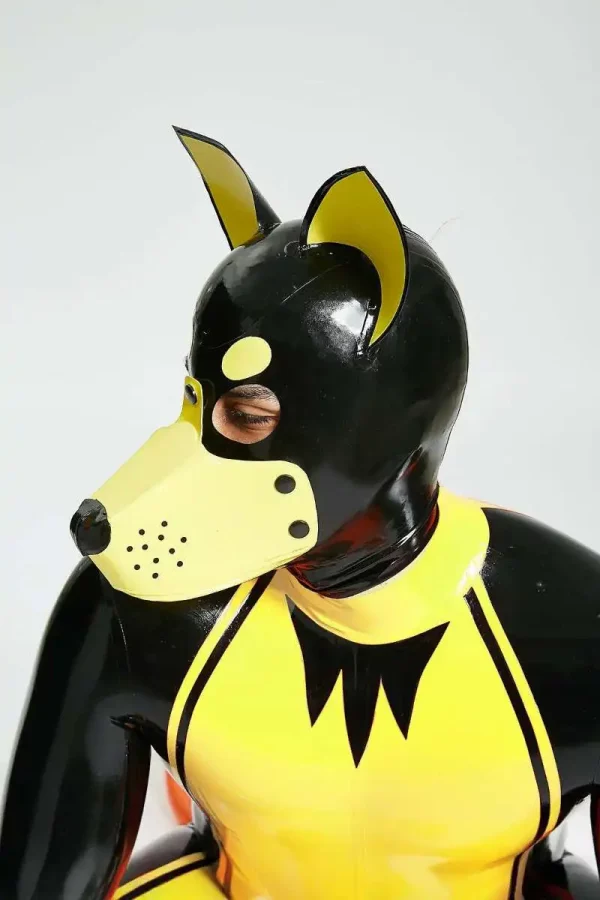 Latex Dog Themed Hood Unique Design with Black and Yellow Details