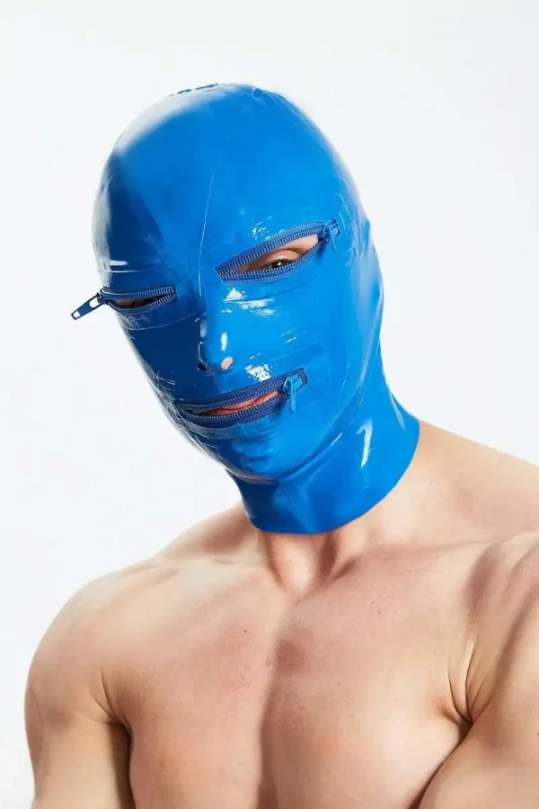 Blue Latex Hood with Functional Zippered Openings