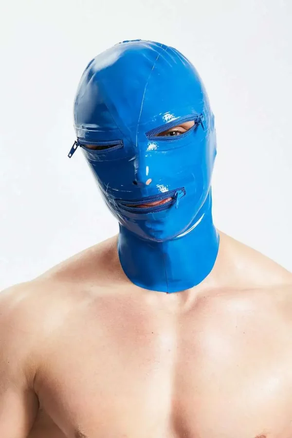 Blue Latex Hood with Functional Zippered Openings