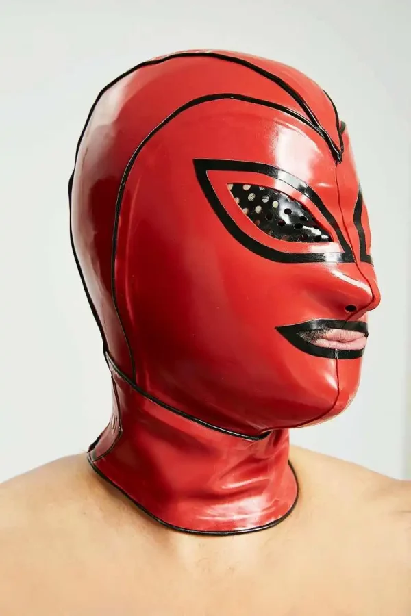 Red Latex Hood with Black Trim and Ventilated Eye Design