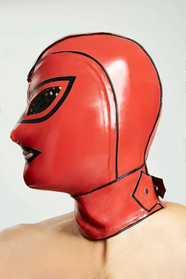 Red Latex Hood with Black Trim and Ventilated Eye Design