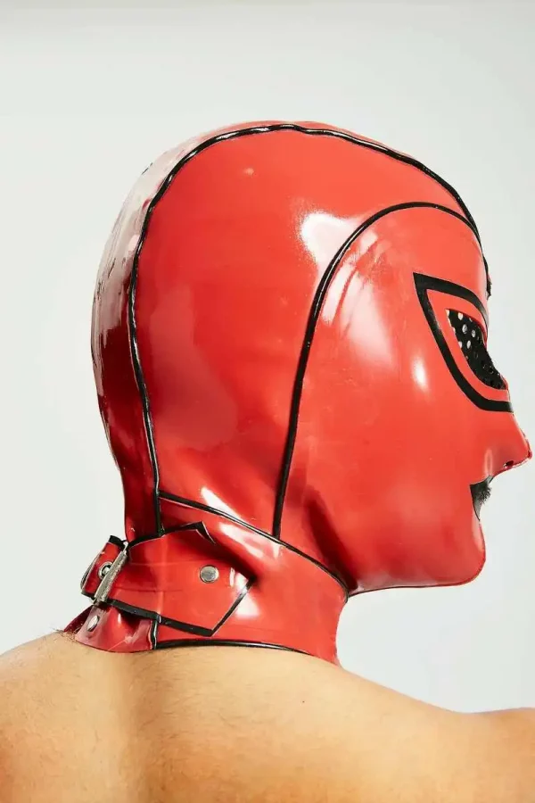 Red Latex Hood with Black Trim and Ventilated Eye Design