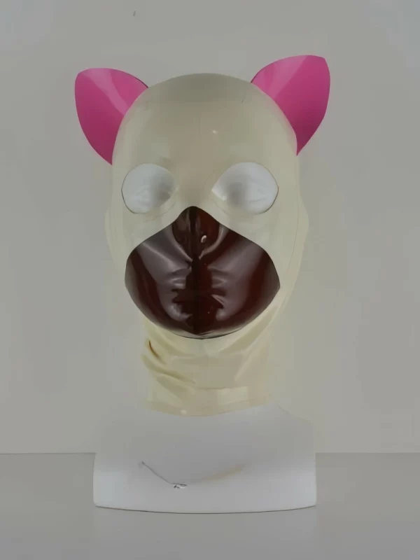 Latex hood with attached ears and split face